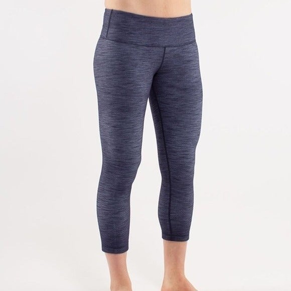 Lululemon‎ Heathered Navy Wunder Under Crop Yoga Athletic Leggings Women 4 - Picture 1 of 6